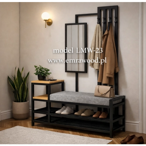 Ławka Do Przedpokoju Z Wieszakiem I Lustrem Metalowa Siedzisko Tapicerowane Stal LMW-23